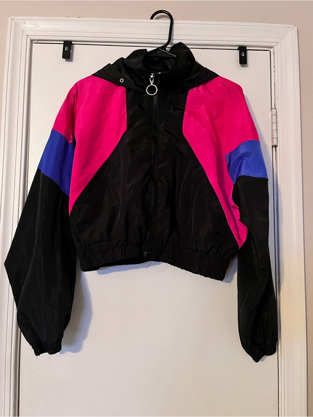 Vintage Style Neon Pink Colorblock Cropped Windbreaker Hooded Jacket